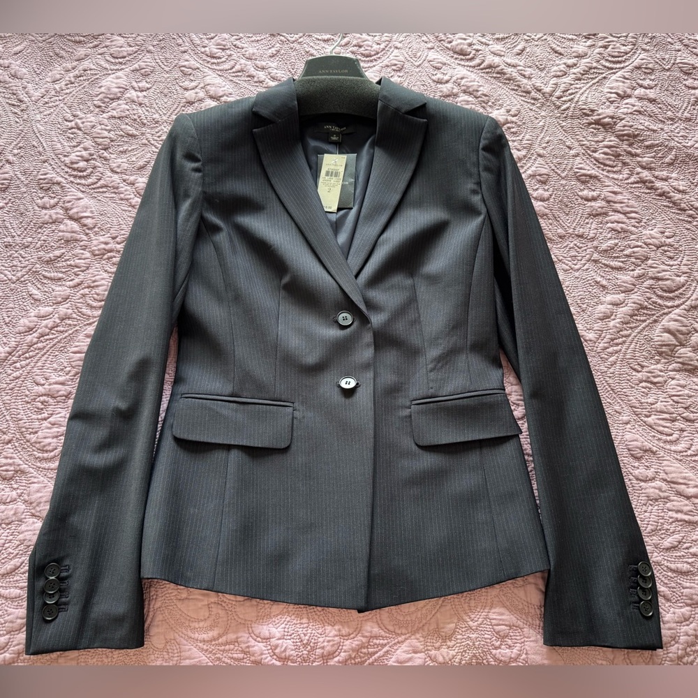 Ann Taylor Dark Blue Pinstripe Suit (Jacket & Modern Fit Trouser Pants)